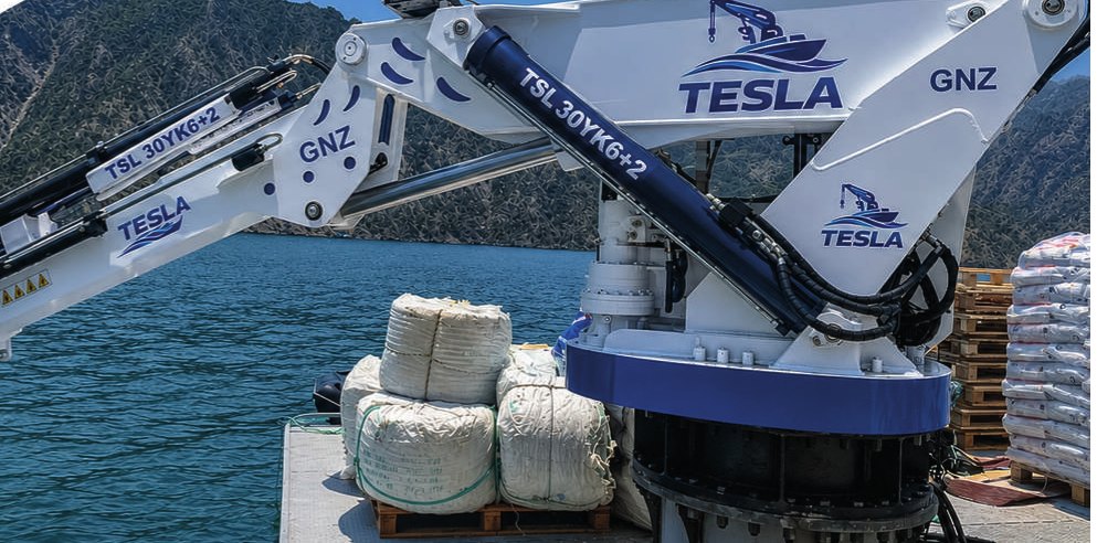 İki TESLA gemi vinci güvertede yük elleçlerken